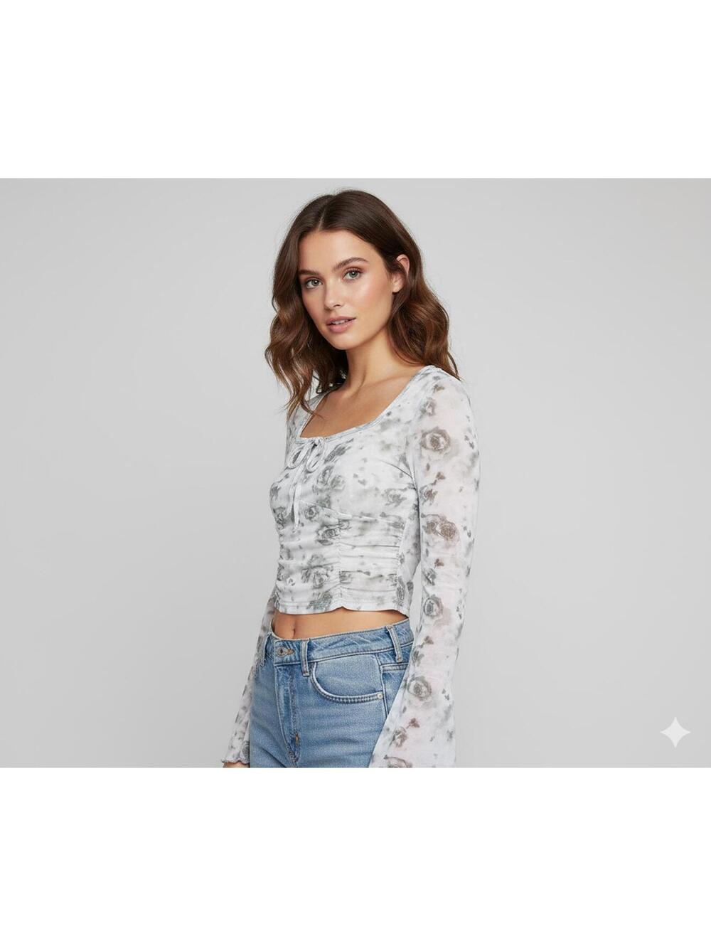 Boutique - Green Floral Mesh Tie-Front Crop Top - M